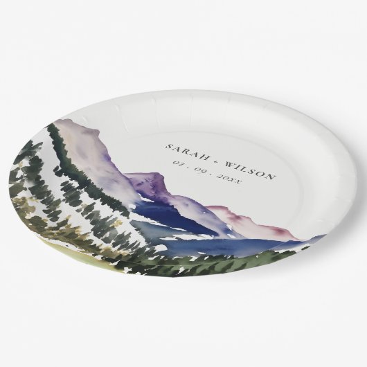 ロッキー雪の山の水彩風景結婚ズ ペーパープレート (アングル)