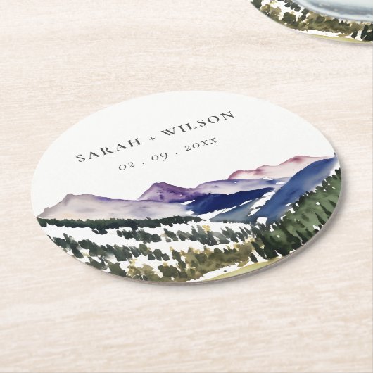 ロッキー雪の山の水彩風景結婚ズ ラウンドペーパーコースター (アングル)