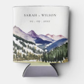 ロッキー雪の山の水彩風景結婚ズ 缶クーラー (正面)