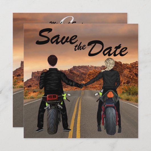 ロッキー・ハイウェイでバイクに乗結婚るカップル セーブザデート (正面/裏面)