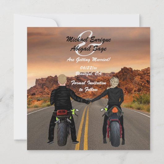 ロッキー・ハイウェイでバイクに乗結婚るカップル セーブザデート (裏面)