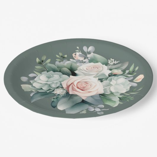 ロッキー・リバー ディープグリーン ブラッシュピンク ローズ シャワー ペーパープレート (アングル)