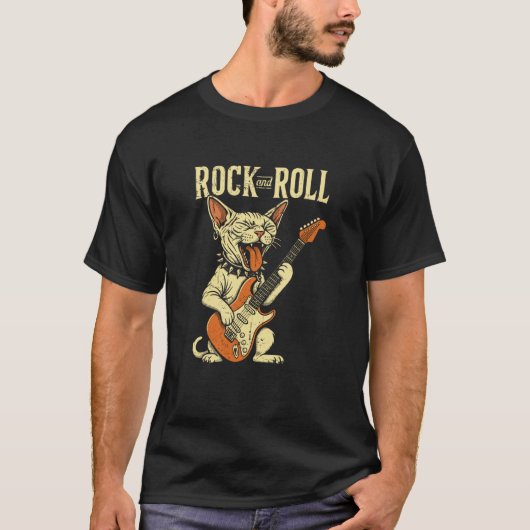 ロックが好きなスフィンクス猫のギター Tシャツ (正面)