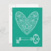 ロックされたハートと鍵のエメラルドグリーン背景 ポストカード (正面/裏面)