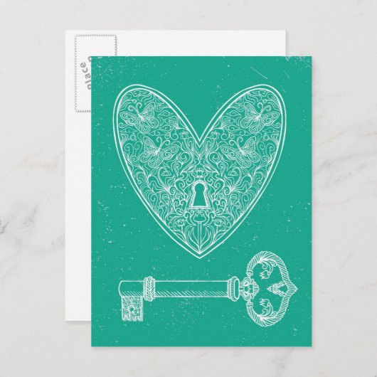 ロックされたハートと鍵のエメラルドグリーン背景 ポストカード (正面/裏面)