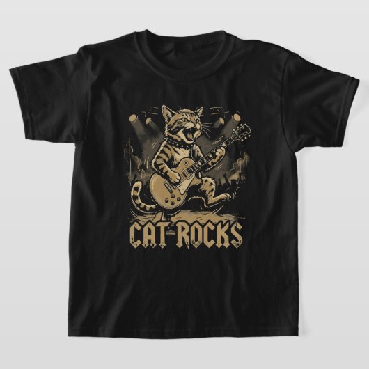 ロックする猫のギター　ユーモアあふれる音楽　動物デザイン Tシャツ (レイダウン)