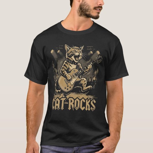 ロックする猫ギター 面白い 音楽 動物 デザイン Tシャツ (正面)