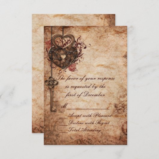 ロックとエレガント鍵ウェディングRSVPカード 出欠カード (正面/裏面)