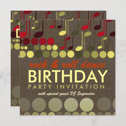 ロックと音楽転がの誕生日パーティーへの招待 招待状 (正面/裏面)