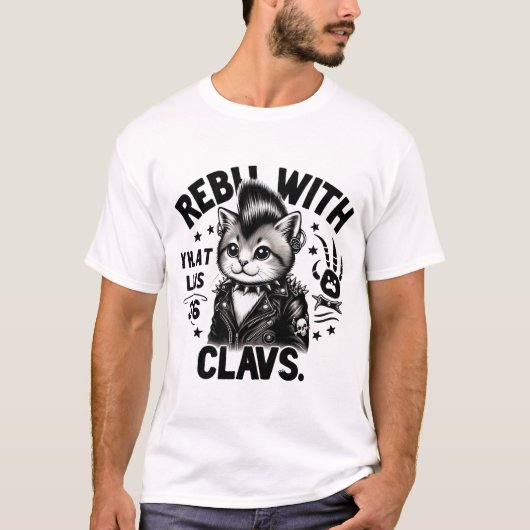 ロックな爪を持つ反逆猫 パンク猫のエッジーなスタイル Tシャツ (正面)