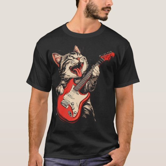 ロックな猫のギター演奏 Tシャツ (正面)