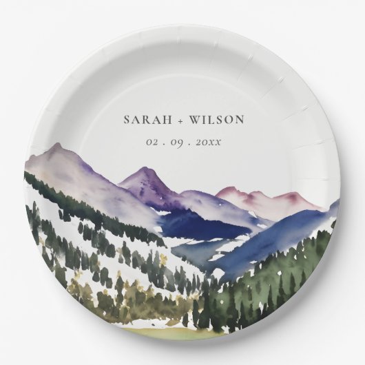 ロックな雪山の水彩画風景のウェディング ペーパープレート (正面)