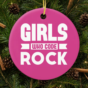 ロックをコードする女の子、ピンクと文字カスタムクリスマス セラミックオーナメント