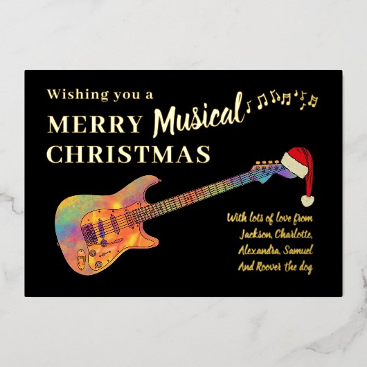 ロックアンドロールクリスマスギターブラックと金ゴールド 箔シーズンカード (正面)