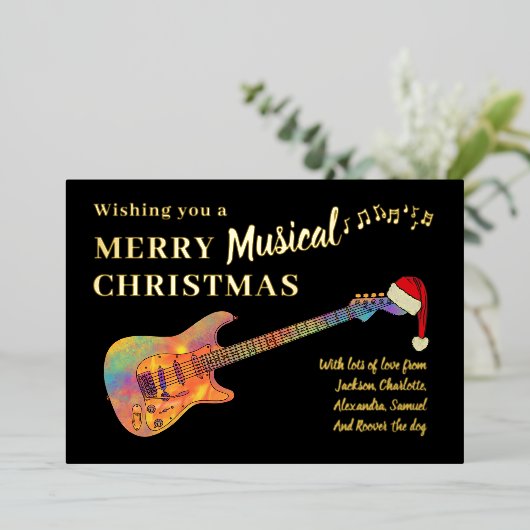ロックアンドロールクリスマスギターブラックと金ゴールド 箔シーズンカード (立ち正面)