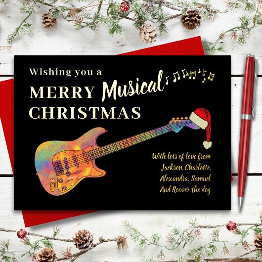 ロックアンドロールクリスマスギターブラックと金ゴールド 箔シーズンカード