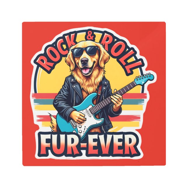 ロックアンドロールファーエバーゴールデンレトリバードッグ メタルプリント (正面)