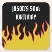 ロックアンドロール炎カスタムメッセージパーティー スクエアペーパーコースター (正面)