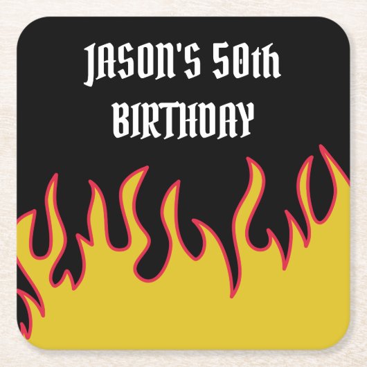 ロックアンドロール炎カスタムメッセージパーティー スクエアペーパーコースター (正面)