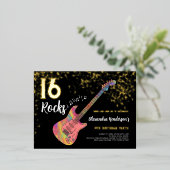 ロックアンドロール16thバースデーパーティピンクブラック金ゴールド 箔招待状ポストカード (立ち正面)