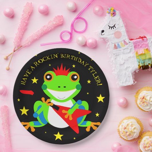 ロックインの誕生日ツリーカエルとレッドギター ペーパープレート (パーティー)