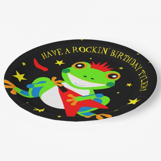 ロックインの誕生日ツリーカエルとレッドギター ペーパープレート (アングル)