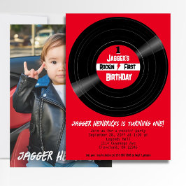 ロックインファースト誕生日フォトビニールレコードレッドラベル 招待状