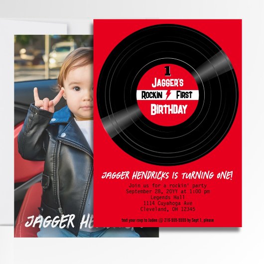 ロックインファースト誕生日フォトビニールレコードレッドラベル 招待状