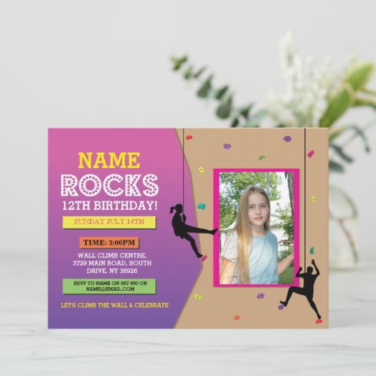 ロックウォール登山誕生日パーティフォト招待状 招待状 (スタンド正面)