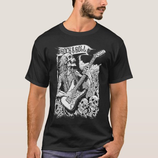 ロックオンギターヴィンテージ80sロック&転がスケルト tシャツ (正面)