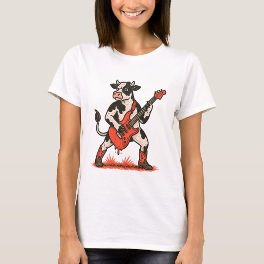 ロックカウPNG、ギターを弾く牛 Tシャツ (正面)