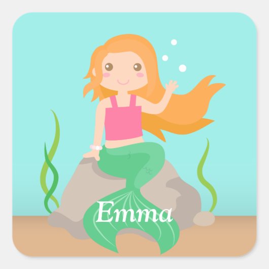 ロックガールズシールに可愛いマーメイドパーソナライズされた スクエアシール (正面)