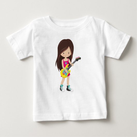 ロックガール 茶髪 ギタリスト バンド ミュージック ベビーTシャツ (正面)