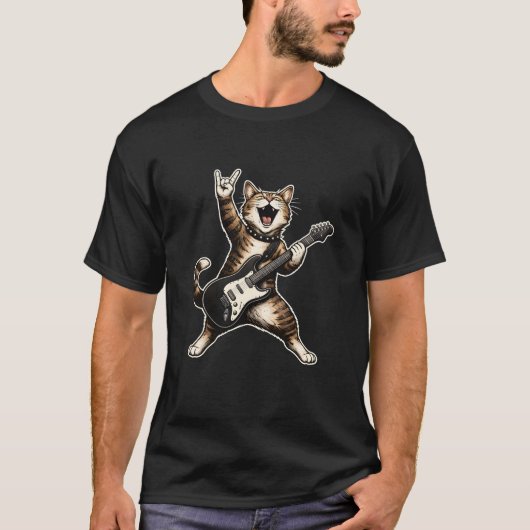 ロックキャットギター , 面白いロッカーフェイスのネコ音楽好き Tシャツ (正面)