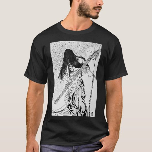 ロックギタリスト電気ギターイラストレーション Tシャツ (正面)
