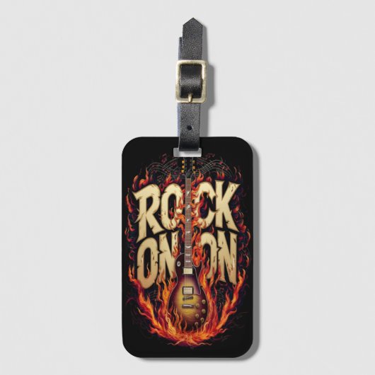 ロックギターで火の上にギタインスパイアタイポグラフィ ラゲッジタグ (正面縦)