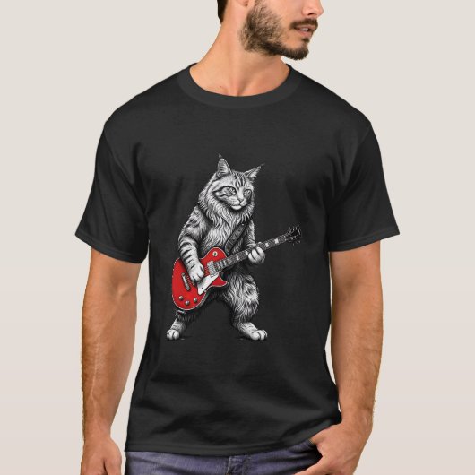 ロックギターヒーローの猫 メンズ向け Tシャツ (正面)