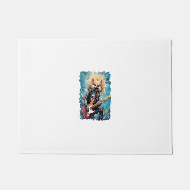 ロックギターポメラニア犬ドッグギタリスト ドアマット (正面)