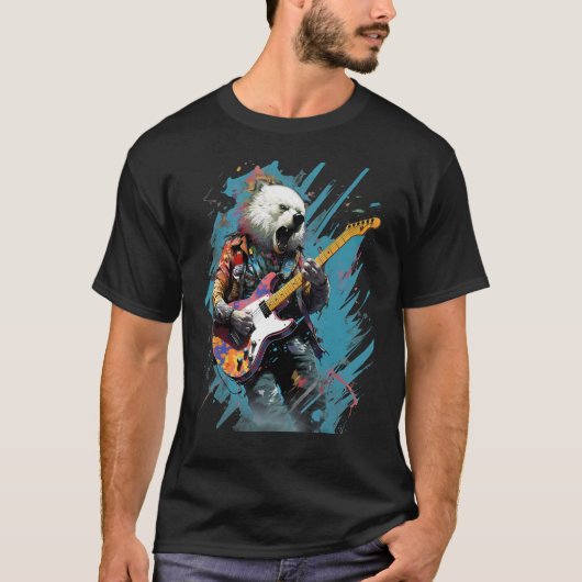 ロックギターポーラーベアーギタリスト Tシャツ (正面)