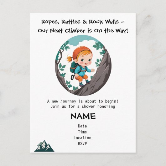 ロッククライマーガールベビーシャワー招待状 インビテーションポストカード (正面)