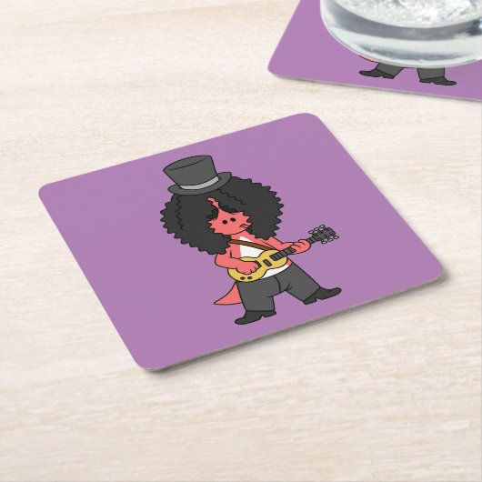 ロックスターに扮したアロサウルスのイラストレーション スクエアペーパーコースター (アングル)