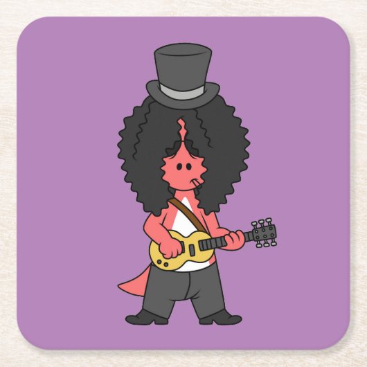 ロックスターに扮したアロサウルスのイラストレーション スクエアペーパーコースター (正面)