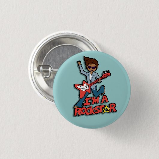 ロックスターのギターの男の子の青ボタン 缶バッジ (正面&裏面)