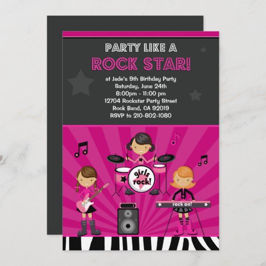ロックスターの女の子の誕生日のパーティの招待状 招待状 (正面/裏面)
