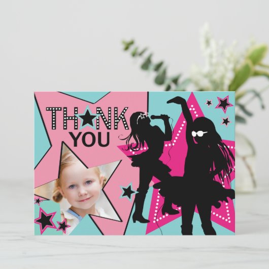 ロックスターの女の子バンドは水のピンク感謝していしています サンキューカード (スタンド正面)