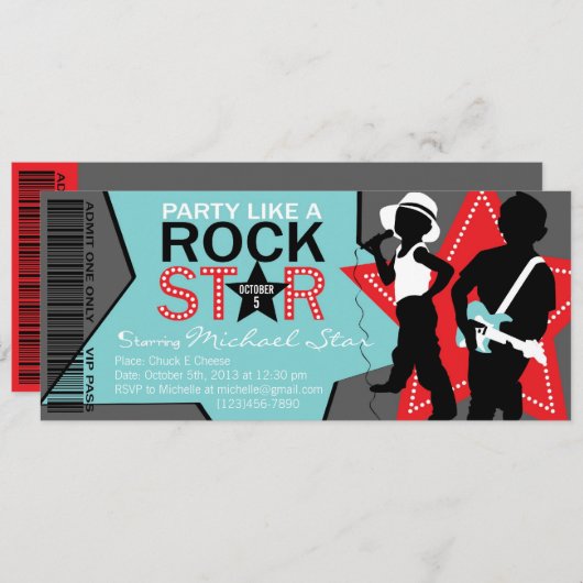 ロックスターの男の子バンド誕生日の水の赤 招待状 (正面/裏面)