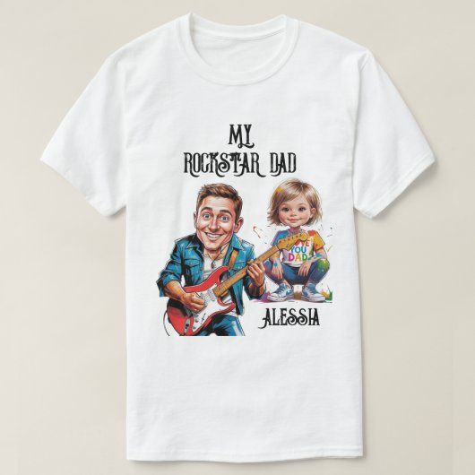 ロックスターカリカチュアパパとギター付きの子供 Tシャツ (デザイン正面)