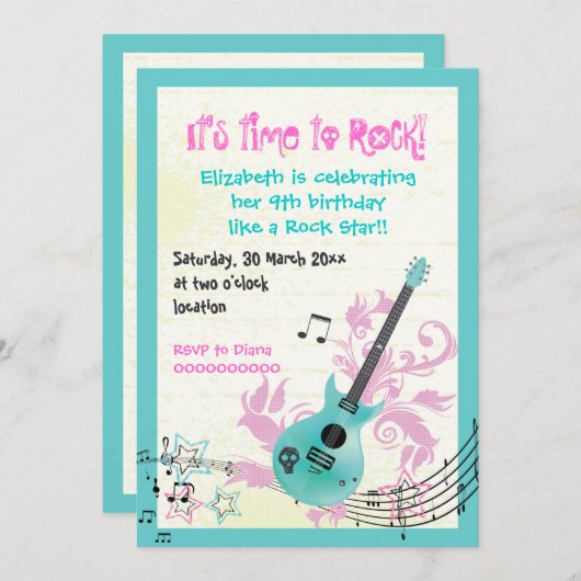 ロックスターガーリーエレキギター誕生日 招待状 (正面/裏面)