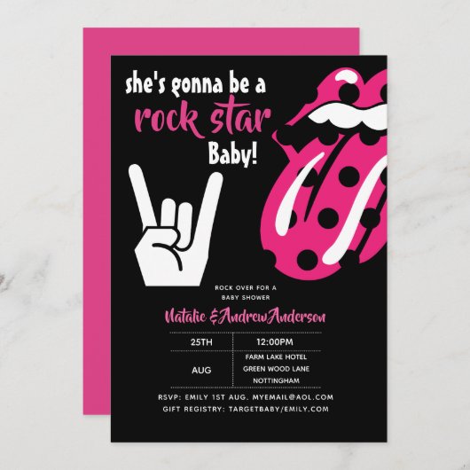ロックスターガールズベビーシャワーホットピンクモダン音楽 招待状 (正面/裏面)