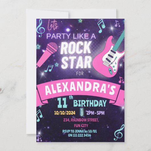 ロックスターガールパーティーのような音楽誕生日 招待状 (正面)